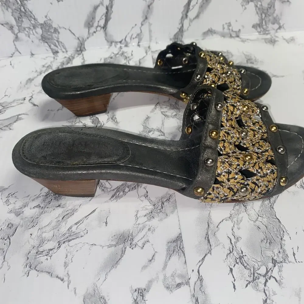 Eric Javits Black Gold Bronze Metallic Crochet Beaded Sandals Women's Size 6